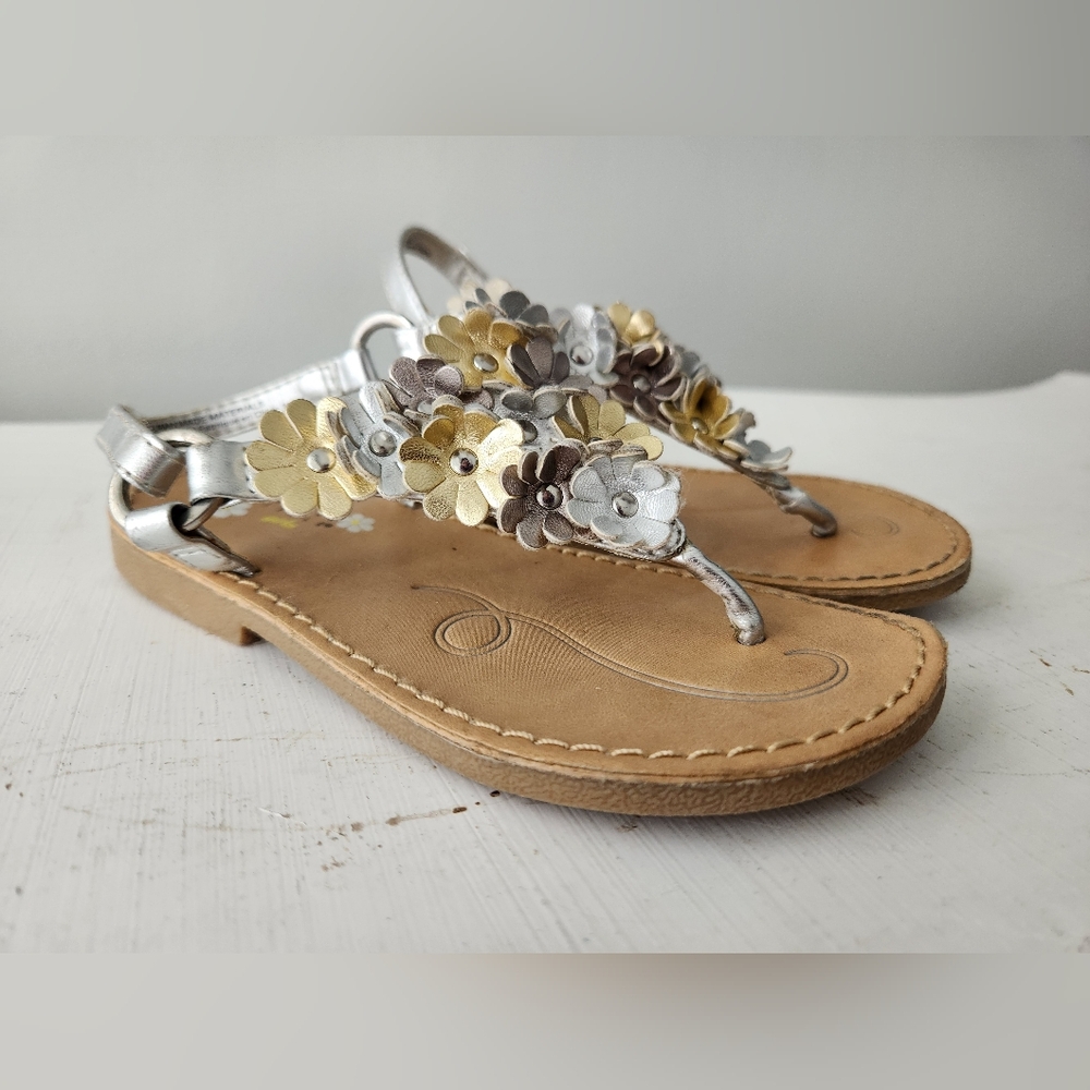 Carole Little Girls Silver & Gold Thong Sandals With Ankle Strap - Size 8 - Picture 2 of 9